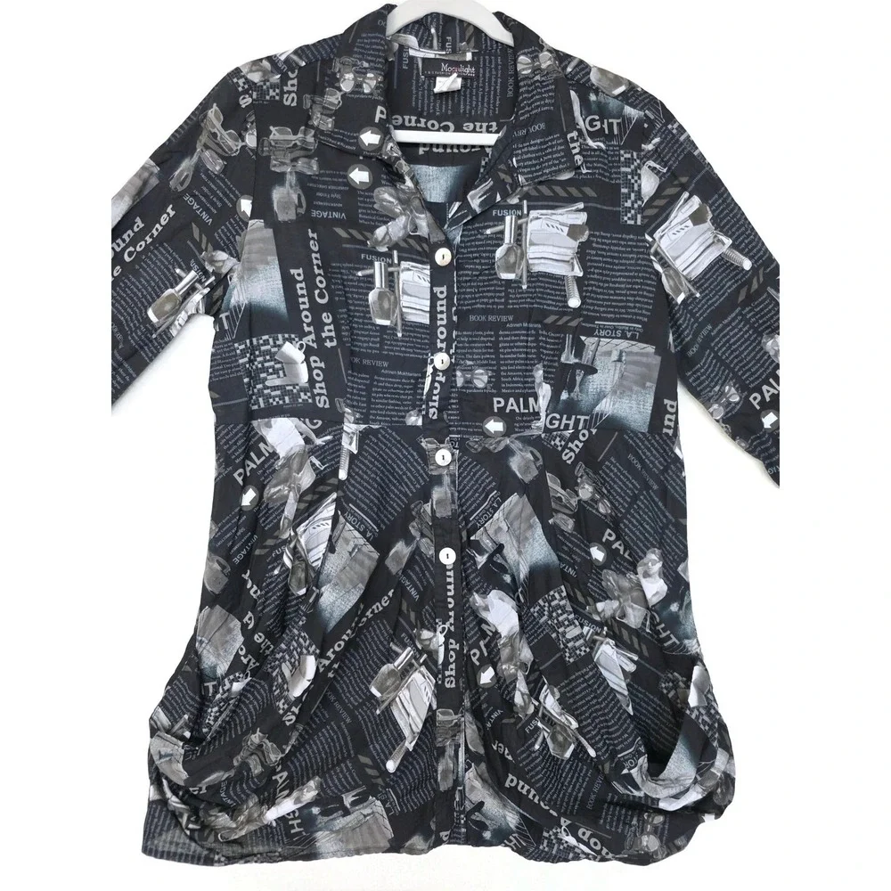 Moonlight‎ Y&S Fashion Design Dress Womens Medium Tunic Newspaper Shirt Tunic